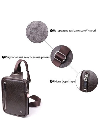 Мужская прямоугольная сумка бананка из гладкой натуральной кожи Коричневый 15,5х20,5х3,5 см Grande Pelle (391296335)