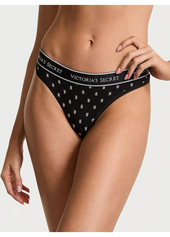 Трусики-стрінги жіночі бавовняні з логотипом Logo Cotton Thong Panty чорні Victoria's Secret (341252163)
