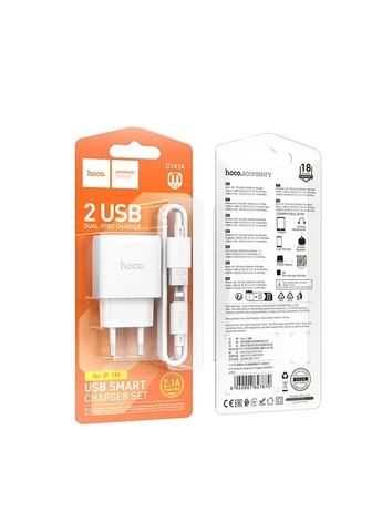 Мережевий зарядний пристрій з кабелем C141A Smart dual-port charger set(iP) білий Hoco (389206774)