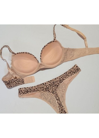 Бежевий комплект жіночої білизни бюстгальтер пуш-ап і трусики стрінг леопардовий Lemila Класична