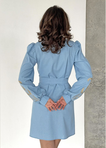 Блакитна святковий, коктейльна, ділова, повсякденний, кежуал, джинсова, вечірня легка лляна сукня міні довжини з вишивкою по рукавах а-силует INNOE однотонна