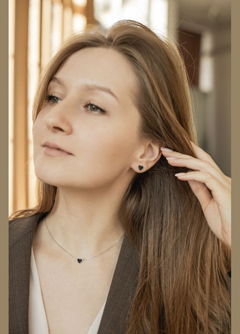 Кольє срібне маленьке Сердечко тонкому на ланцюжку з чорною емаллю Каштан (342335168)