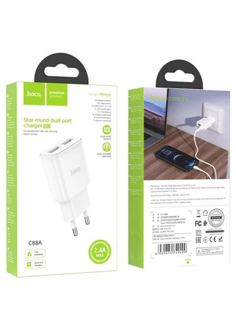 Сетевое зарядное устройство C88A Star round dual port charger 12W White Hoco (389297815)