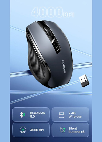 Беспроводная мышь MU006 Bluetooth & 2.4G бесшумная 4000DPI 6 кнопок (90855) Ugreen (300523816)