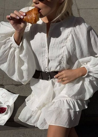 Белое повседневный легкое миниплатье с оборками с пышной юбкой Україна однотонное