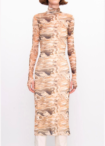 Комбинированное платье сетка коричневое с принтом btg-0087 BSL
