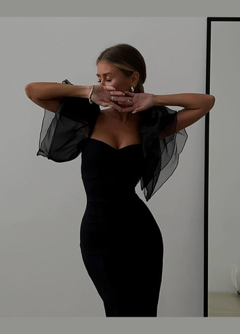 Чорна вечірня сукня жіноча - вишукана midi з волонами із органзи силуетна JUGO однотонна