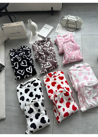 Чорна піжама у сердечка махра,кофта та штани Україна