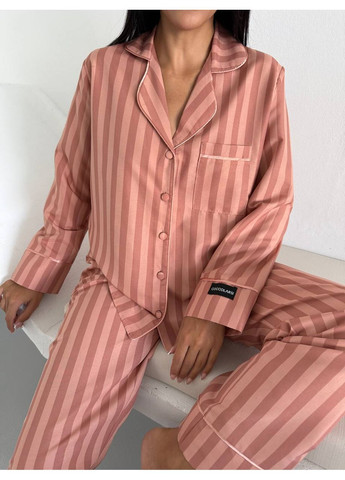 Персиковая всесезон женская пижама персиковая с вертикальной полоской рубашка + брюки Vital-Textile 1293