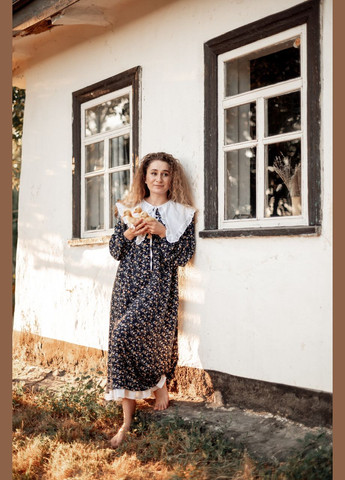 Темно-синее кэжуал женское платье с растительным узором в стиле ретро V.O.G. с цветочным принтом