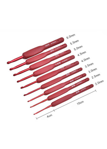 Гачки для в'язання алюмінієві з м'якою ручкою набір 9 шт розміром від 2 до 6 мм червоні No Brand (346122748)