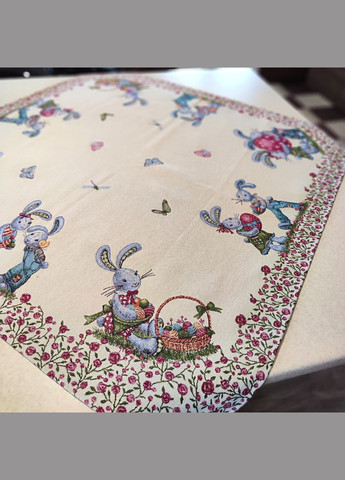 Пасхальна гобеленова скатертина для маленького круглого чи квадратноно столу з великодніми кроликами Maystat (305390573)