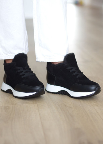 Кроссовки женские из натуральной светлой молочной замши и мехом внутри Zlett 3808 чёрные зима (362663895)