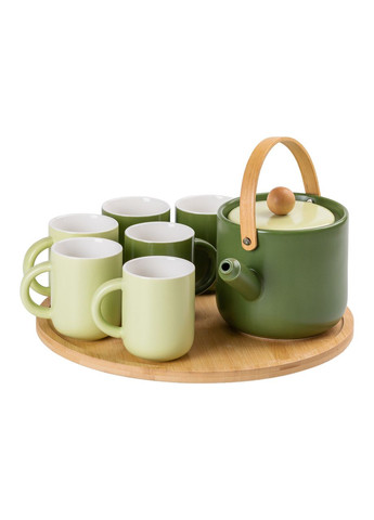 Чайний сервіз на 6 персон з бамбуковою підставкою зелений керамічний набір для чаю та кави ProDobro (364189530)