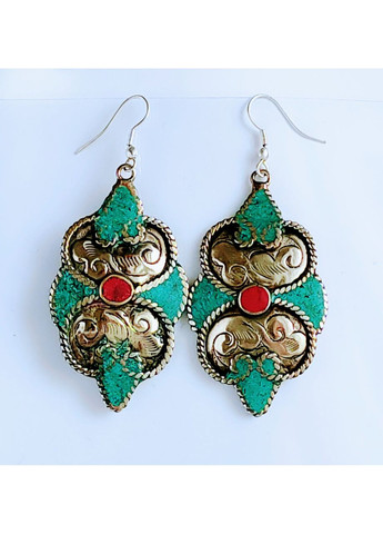 Непальські сережки етнічні з бірюзою і коралом в стилі бохо No Brand (366871688)