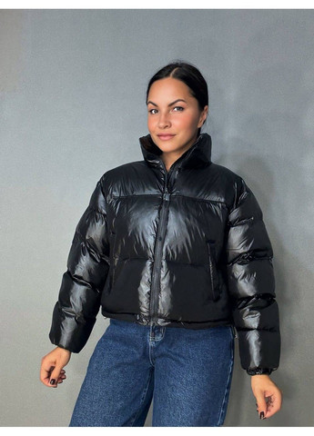 Черная демисезонная куртка женская 10015 короткая глянцевая пуффер черная Lady yep