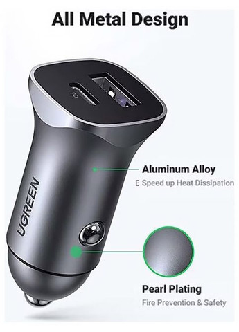 Автозарядка 2xUSB 30W (USB-C+USB-A) CD130 Ugreen (368631306)