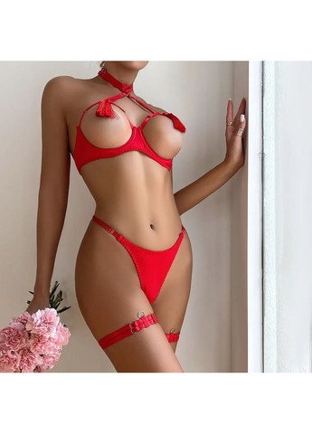 Красный демисезонный комплект нижнего белья. нижнее женское белье с открытой грудью и балабонами. m, черный China