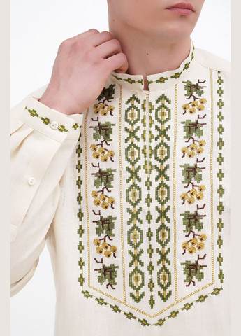 Бежева чоловіча вишиванка з рослинним орнаментом та калиною на ґудзику марко., р., код 9458/52/101 ГАЛЕРЕЯ ЛЬОНУ льон (333164747)