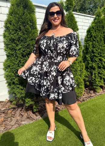 Изысканный легкий летний комбинезон шорты с цветочным узором и имитацией юбки. Tik-Tak комбинезон-шорты цветочный чёрный повседневный софт