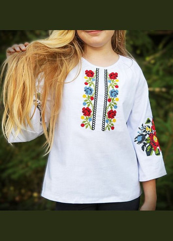 Белая белая вышиванка для девочки лен 3/4 рукав с маками и розами "цветущая украина" узор цветочный лен (331605914)