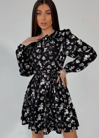 Чорна повсякденний сукня міні з акцентом на талії а-силует Україна з квітковим принтом