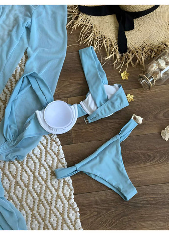 Блакитний літній жіночий літній пляжний блакитний купальний комплект роздільний купальник і сукня напівпроз... No Brand