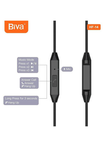 Наушники с микрофоном HF-14 Wirred Earphones With Mic Black Biva (301578633)
