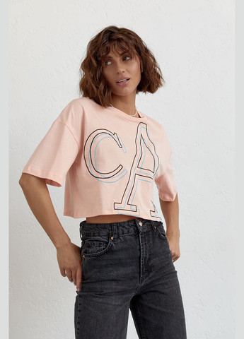Персикова літня укорочена жіноча футболка з вишитими літерами 2361 з коротким рукавом Lurex