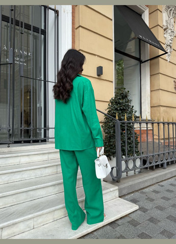 Женский ляной костюм брюки палаццо рубашка на пуговицах зеленый You Best (333614902)