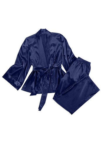 Синя всесезон піжамний жіночий комплект у стилі кімоно сорочка на запах з широкими рукавами та довгі прямі брюки сорочка + брюки No Brand Піжама