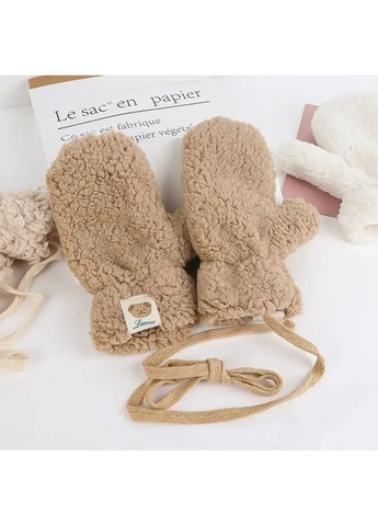 Перчатки меховые пушистые Медвежонок Тедди на шнурке унисекс One Size, тёплые зимние варежки из меха тёмно-бежевые No Brand (362961364)