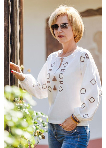 Молочная молочная блузка с геометрической вышивкой для женщин в спокойных бежево-коричневых тонах, l лен (301046917)