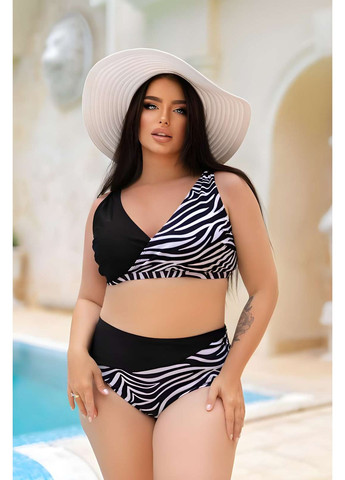 Черный летний женский летний раздельный черно-белый полосатый купальник зебра 2хл 4хл No Brand