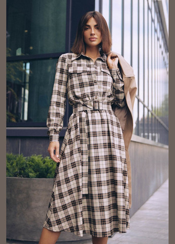 Бежевое деловое, повседневный, кэжуал платье Seventeen в клетку