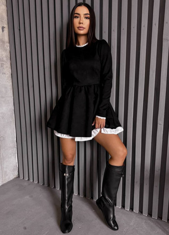 Черное кэжуал изящное приталенное мини платье клеш-солнце с длинными рукавами и украшенное кружевом с юбкой-солнце Tik-Tak однотонное