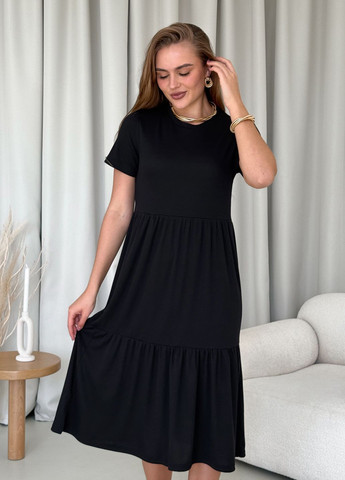 Черное пляжное, повседневный, кэжуал свободное летнее платье трапеция в рубчик с короткими рукавами клеш, платье-футболка, а-силуэт Merlini однотонное