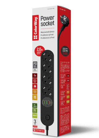 Мережевий фільтр-подовжувач на 4 розетки, чорний, кабель 2 метри, з портами USB і Type-C Colorway (358202033)