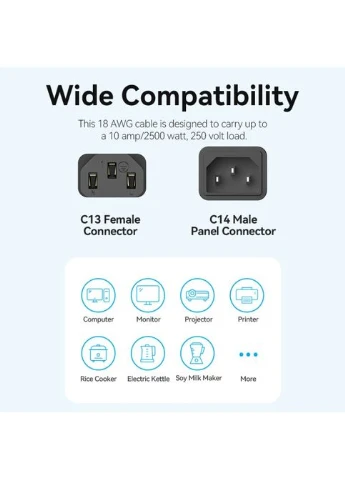 Кабель 3-Prong Power Cord 1.8M C13 Connector EU-Plug (ZCGBAC) (ZCGBAC) Vention 3-Prong Power Cord Connector EU-Plug (357474486)