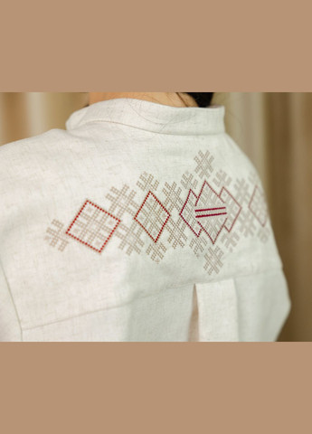 Бежевая рубашка вышитая женская льняная на стойку яворина красно-бежевая вышивка узор орнамент свободная вискоза, лен (334001043)