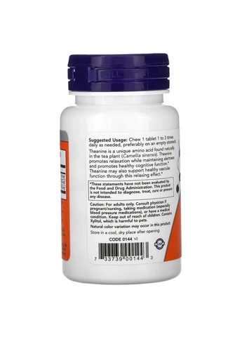L-теанін L-Theanine Chewable, 100 мг, 90 жувальних таблеток Now Foods (361118466)