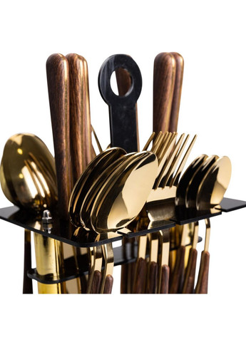 Набір столових приборів на 6 персон з дерев'яними ручками на підставці столові прибори 24 шт Золото HP-20-2 Yiwu (370973827)