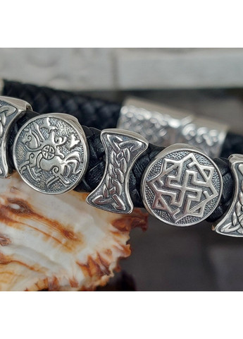 Браслет срібний Генеральський з рунами та плетеною шкірою No Brand (365818906)