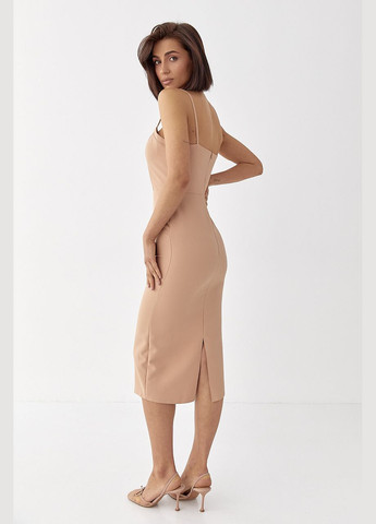 Світло-коричнева приталена сукня міді на бретелях Lurex
