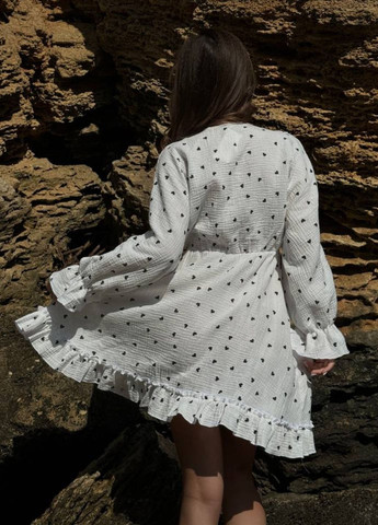 Чорна повсякденний вишукана легка літня міні сукня з сердечками та довгими рукавами ліхтарик Tik-Tak сердечка