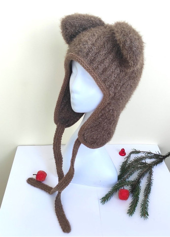 Зимова В'язана Жіноча Шапка Вушками Коричнева Теплий та Стильний Капор на Зав’язках No Brand зимова шапка з вушками (357225904)