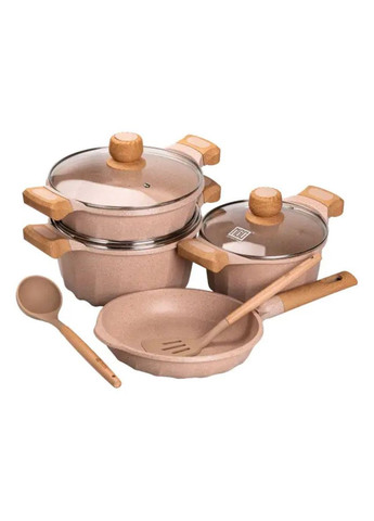 Набор посуды, 3 кастрюли, сковорода, алюминиевая толстодонная с лопаткой и половником, бежевый HP-4-401CR MGC (368767363)