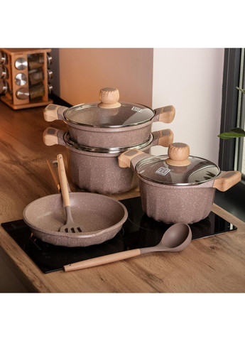 Набор посуды, 3 кастрюли, толстодонное алюминиевое дно с лопаткой и половником, кофейный HP-4-401CO MGC (368767281)