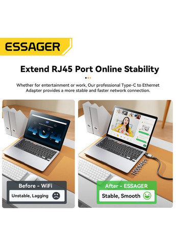 Зовнішня мережева карта / адаптер Llano USB-C 3.0 → Gigabit Ethernet (1000 Мбіт/с) - RJ45 Essager (322033692)