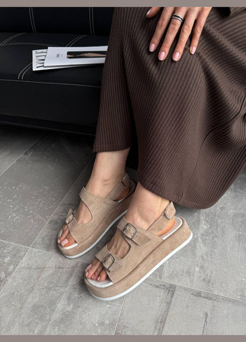 Бежевые босоножки натуральные на платформе 4 см No Brand на липучке